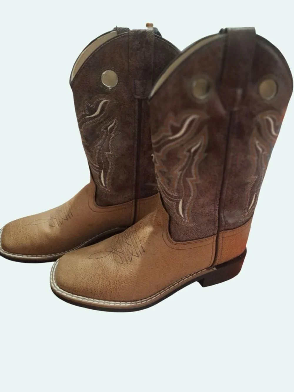 Old West Boys 3 Youth Cowboy Boots Brown Leather Square Toe Western Style*SH2